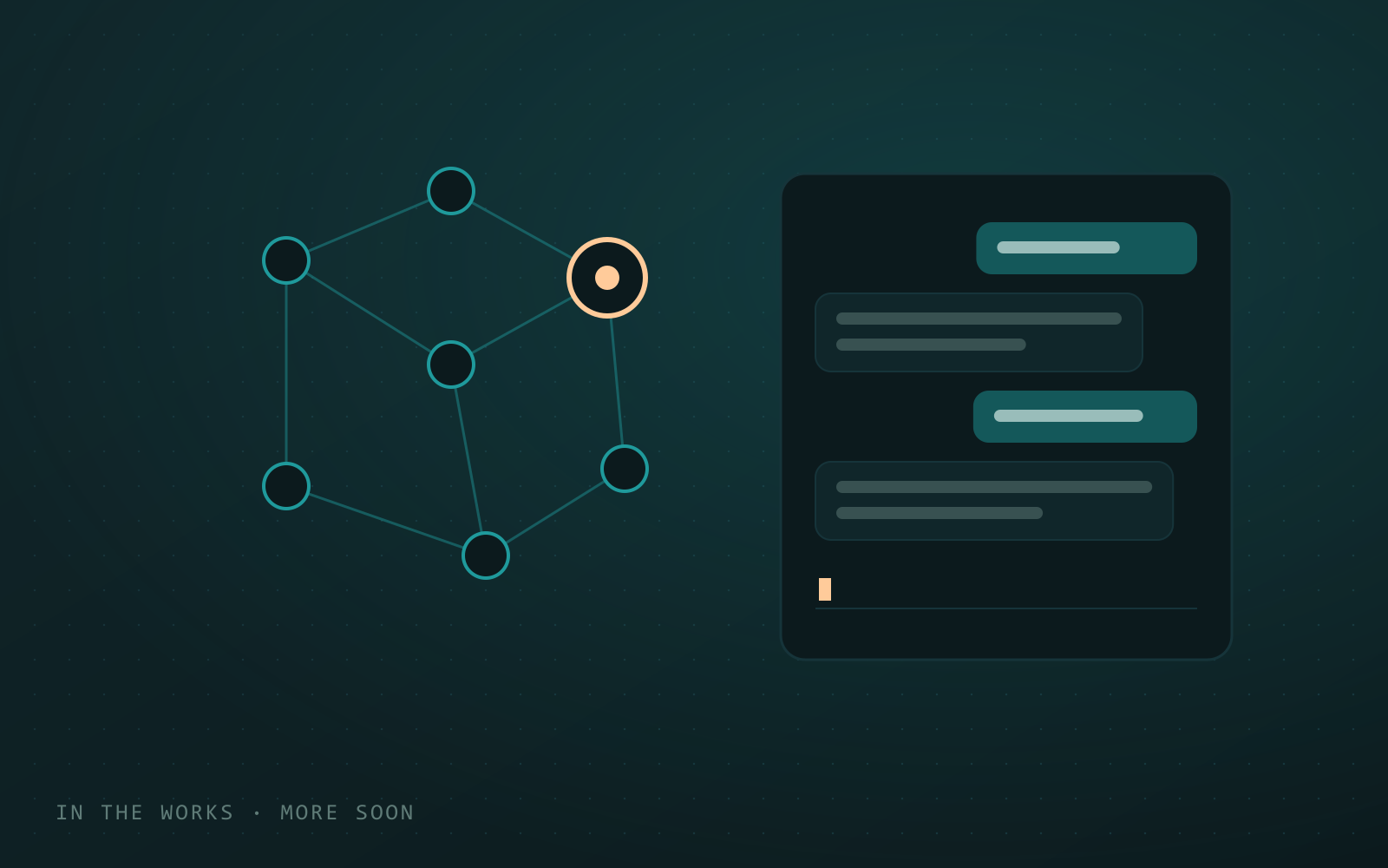 A small graph of connected agent nodes beside a chat window with its messages blurred out