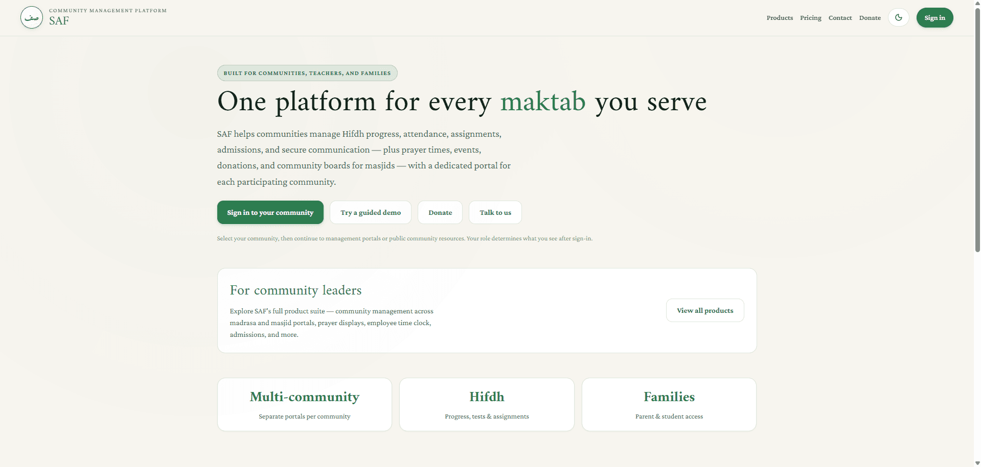 The Saf platform dashboard showing community management modules