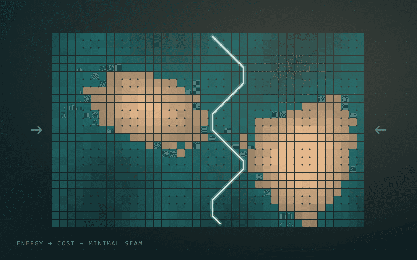 Pixel energy map with a low-energy vertical seam drawn between two bright regions